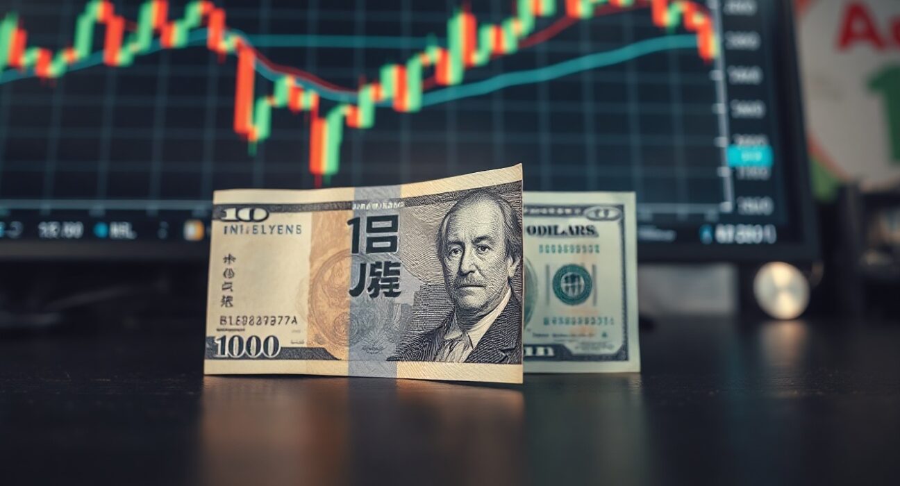 Japanese yen and US dollar banknotes on a trading desk with a monitor showing USD/JPY charts