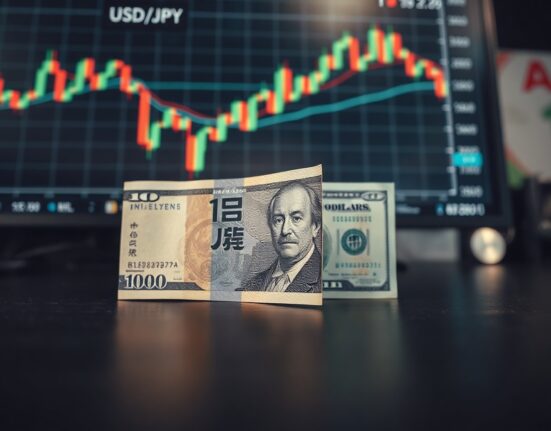 Japanese yen and US dollar banknotes on a trading desk with a monitor showing USD/JPY charts