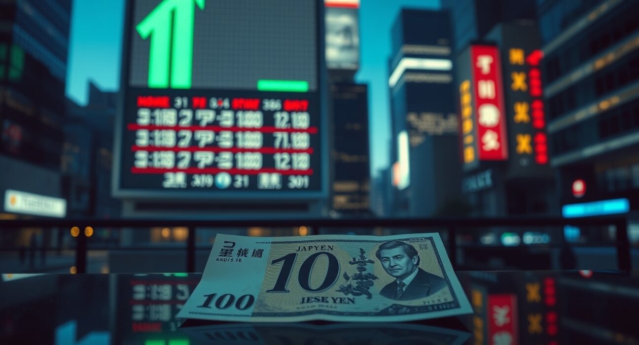 Japanese Yen banknote with a glowing green up arrow symbolizing a sudden currency surge.