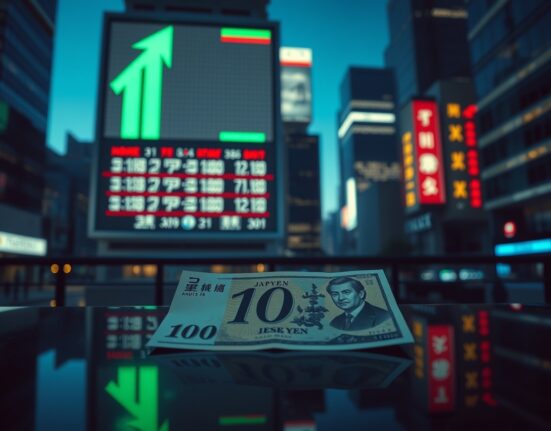 Japanese Yen banknote with a glowing green up arrow symbolizing a sudden currency surge.
