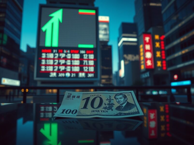 Japanese Yen banknote with a glowing green up arrow symbolizing a sudden currency surge.