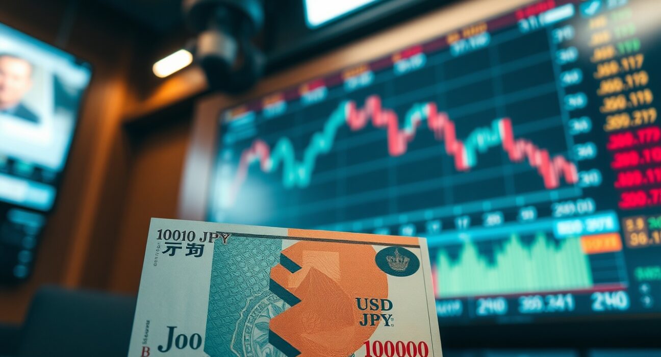 Close-up of a Japanese yen banknote with a blurred trading screen showing USD/JPY charts in the background.