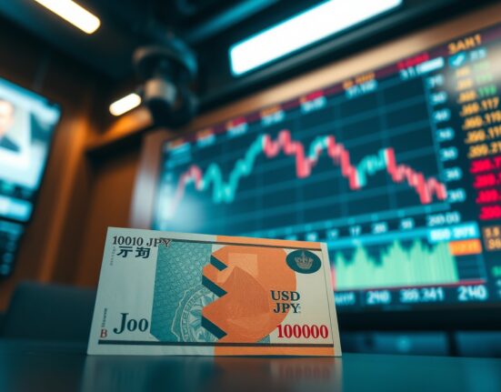 Close-up of a Japanese yen banknote with a blurred trading screen showing USD/JPY charts in the background.