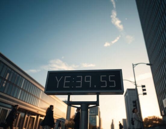 Currency exchange board in Tokyo showing yen rate increase against the dollar