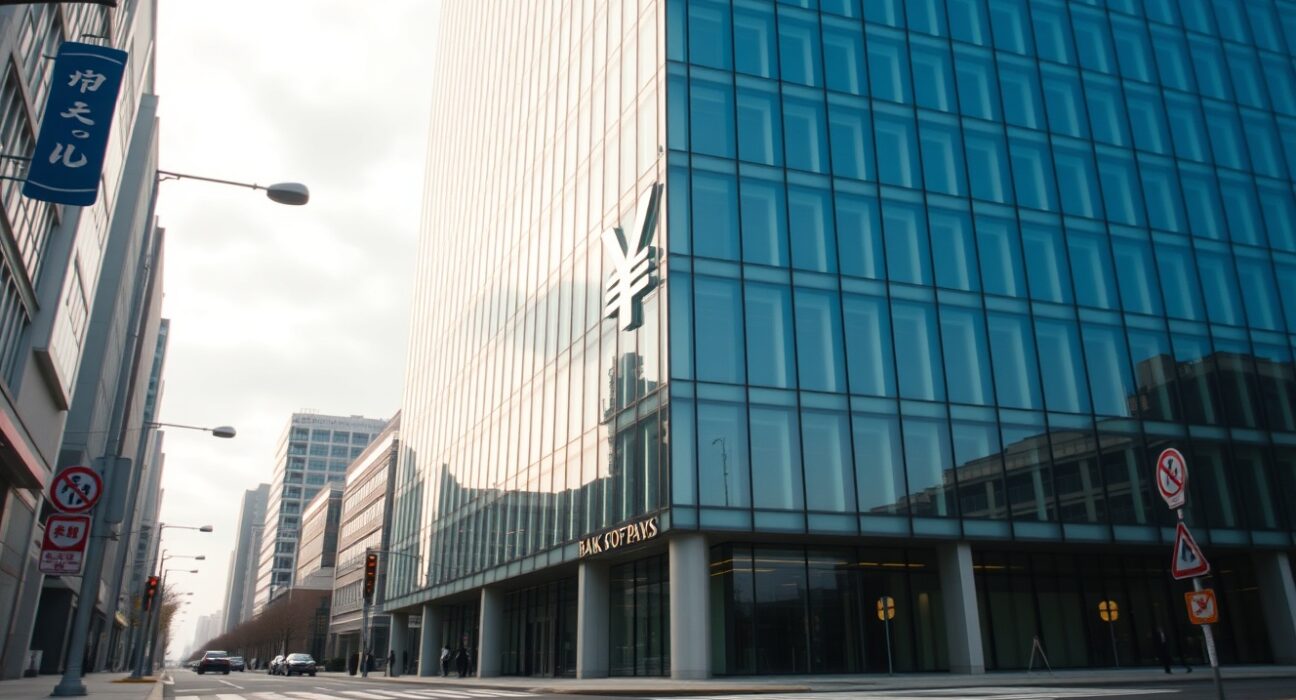 Bank of Japan headquarters in Tokyo, with yen symbol reflection, indicating monetary policy shift.