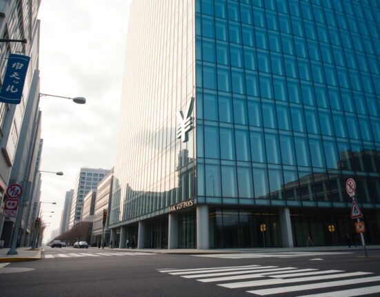 Bank of Japan headquarters in Tokyo, with yen symbol reflection, indicating monetary policy shift.