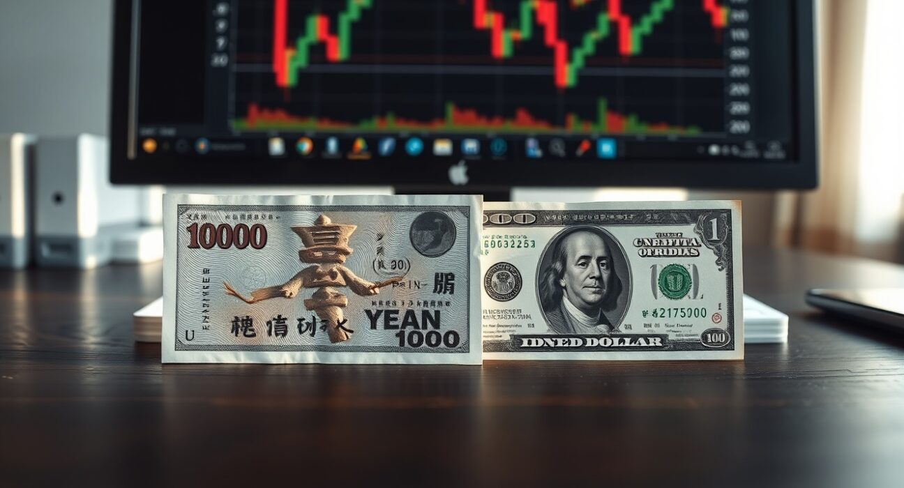 Japanese yen and US dollar banknotes on a desk with forex chart in background