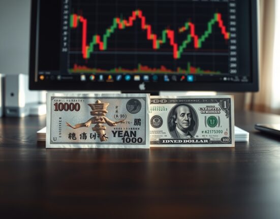 Japanese yen and US dollar banknotes on a desk with forex chart in background