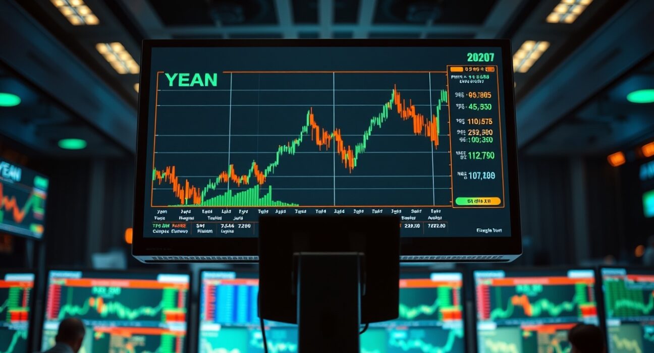 Financial trading monitors showing yen and dollar forex charts with market volatility