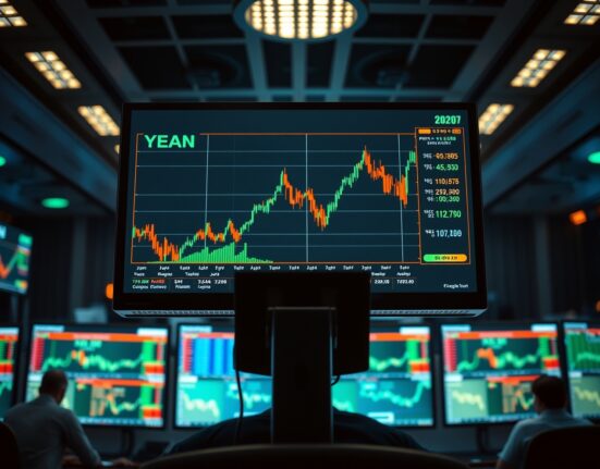 Financial trading monitors showing yen and dollar forex charts with market volatility