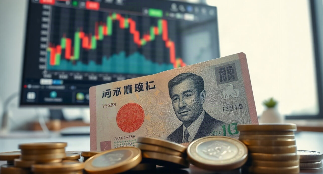 Japanese yen banknotes and coins on a financial desk with a forex chart on a monitor in the background.