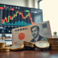 Japanese yen banknotes and coins on a financial desk with a forex chart on a monitor in the background.