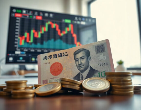 Japanese yen banknotes and coins on a financial desk with a forex chart on a monitor in the background.