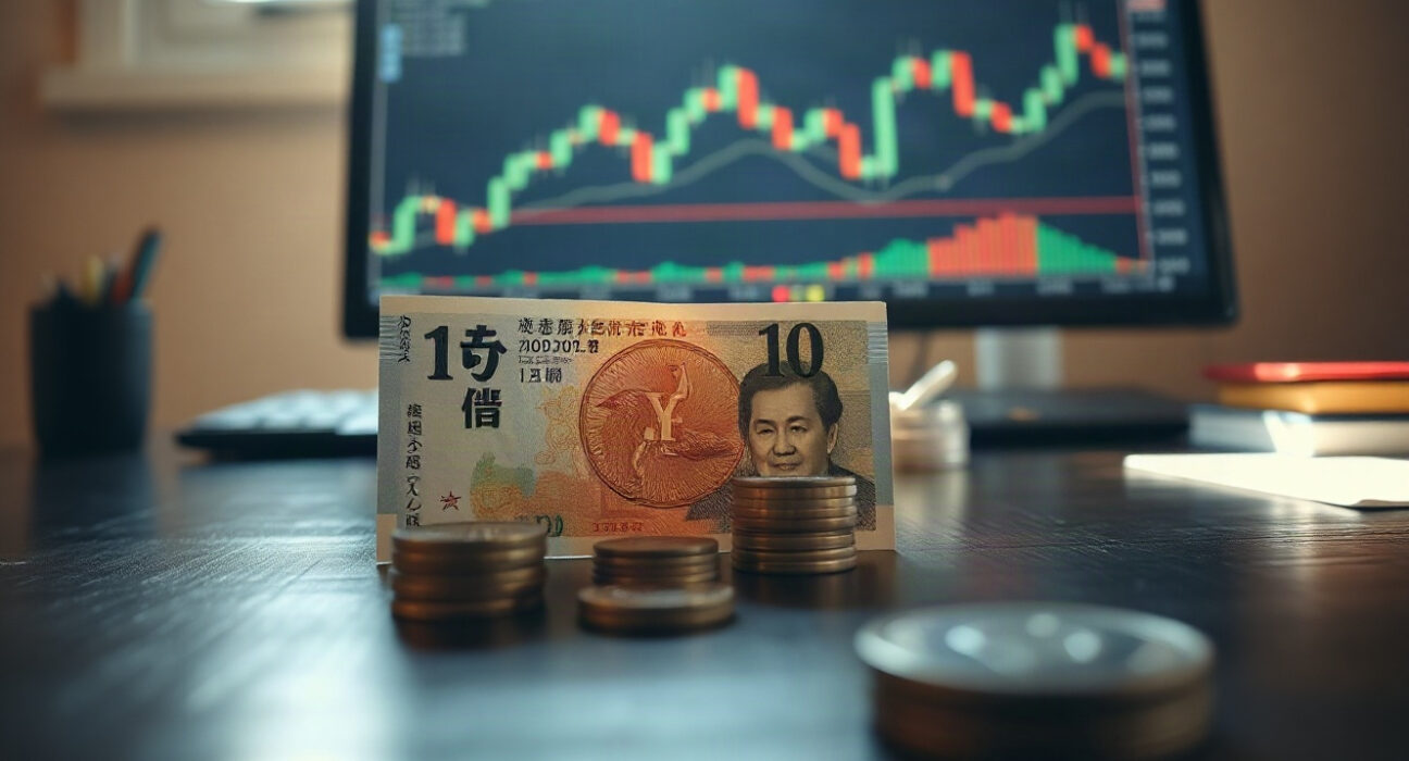 Japanese yen banknotes and coins with a blurred chart in background