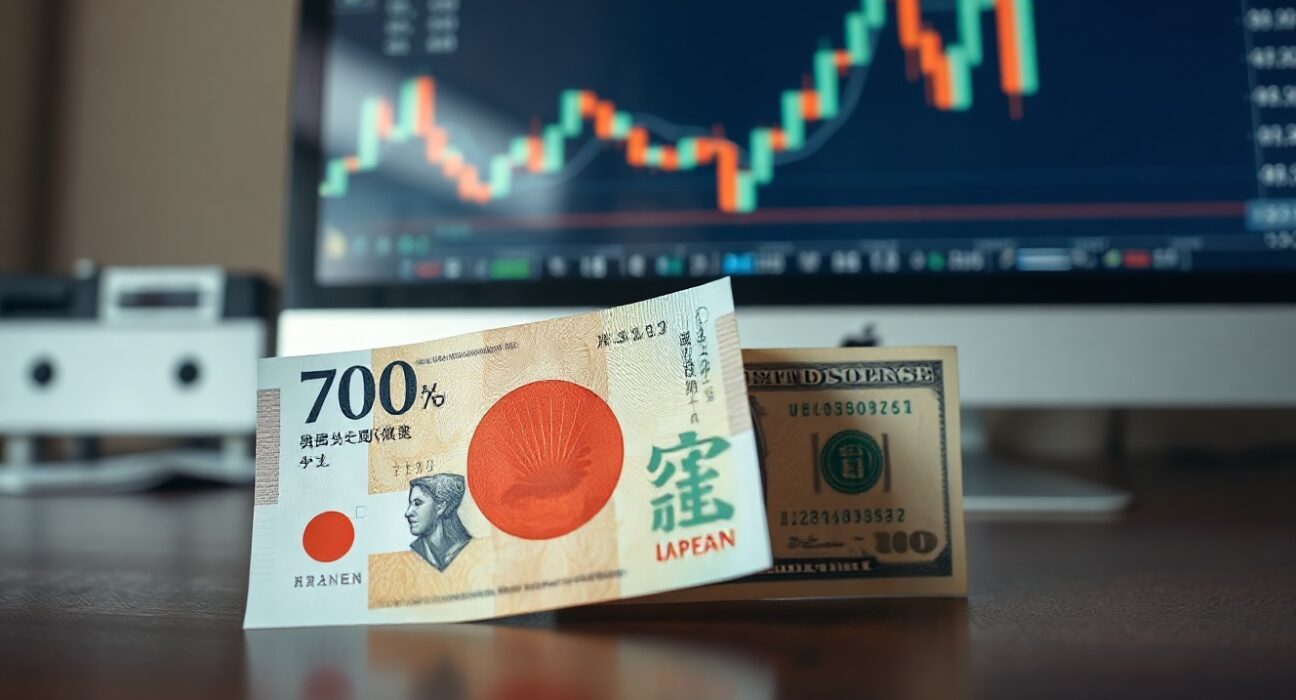 Japanese yen and US dollar banknotes on a desk with a financial chart on a monitor in the background