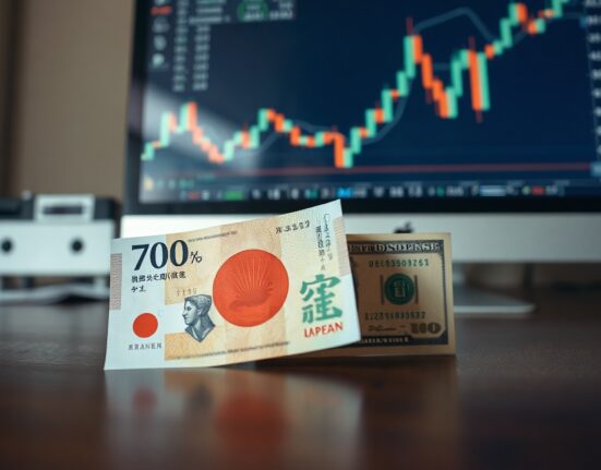 Japanese yen and US dollar banknotes on a desk with a financial chart on a monitor in the background