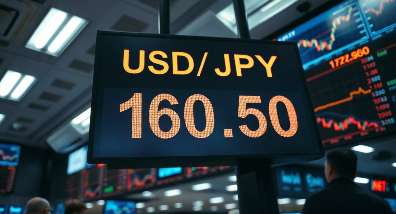 Financial display board in Tokyo showing USD/JPY exchange rate at 160.50