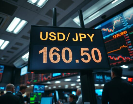 Financial display board in Tokyo showing USD/JPY exchange rate at 160.50