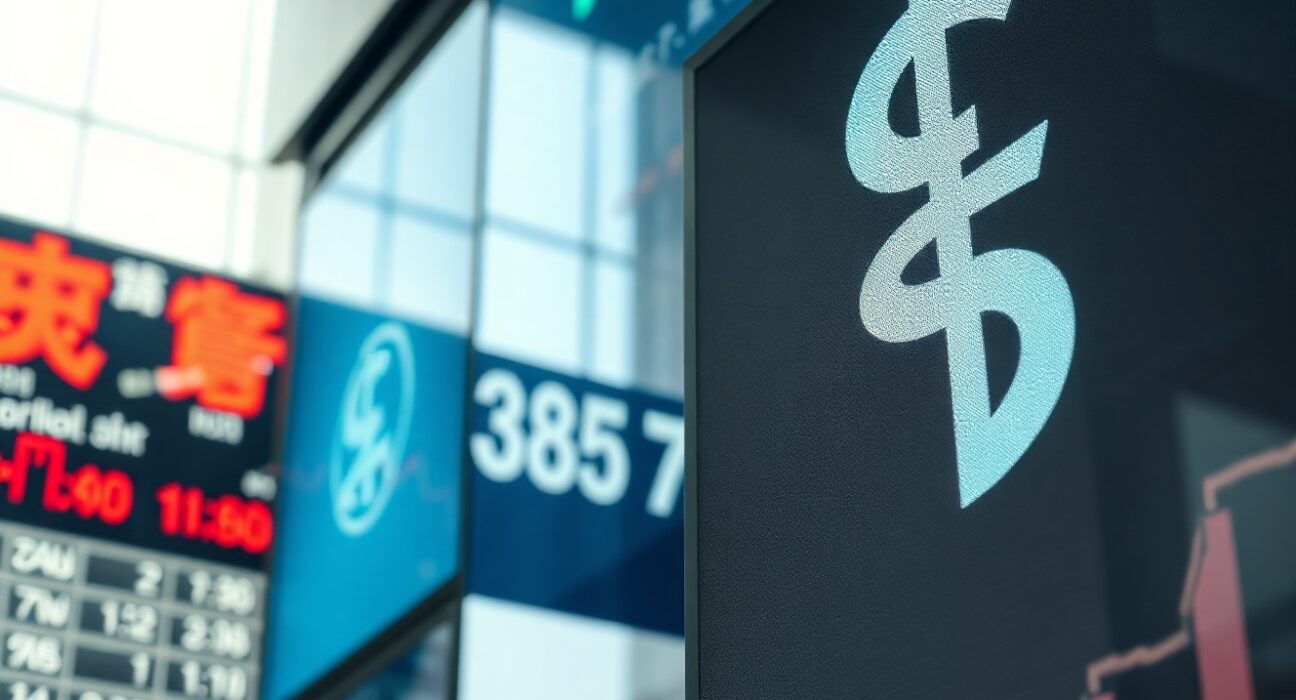 Digital currency exchange board showing Japanese yen and US dollar symbols