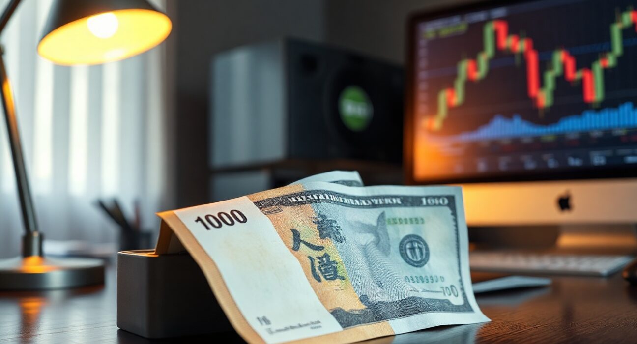 Close-up of Japanese yen and US dollar banknotes on a desk with a financial chart in the background