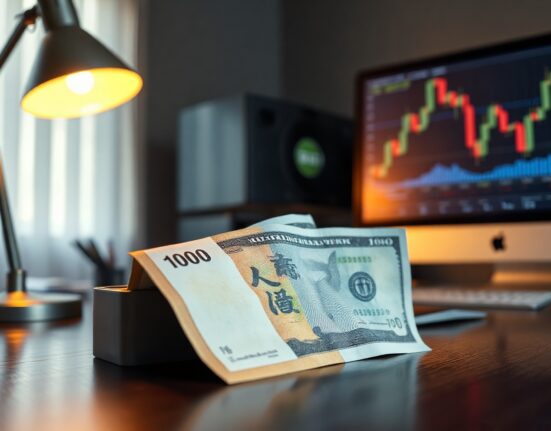 Close-up of Japanese yen and US dollar banknotes on a desk with a financial chart in the background