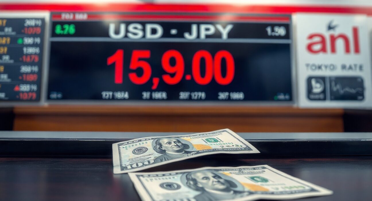 Japanese Yen and US Dollar banknotes on a desk with a currency exchange board showing USD/JPY at 159.00