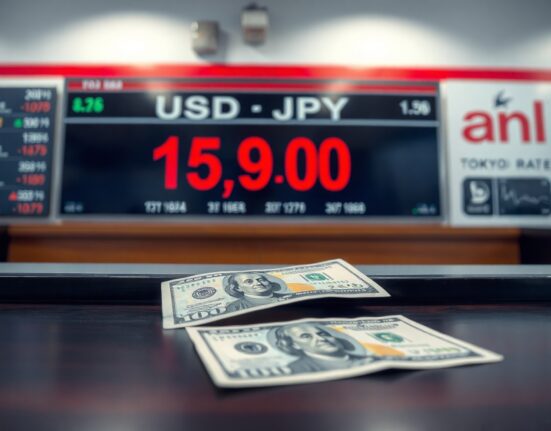 Japanese Yen and US Dollar banknotes on a desk with a currency exchange board showing USD/JPY at 159.00