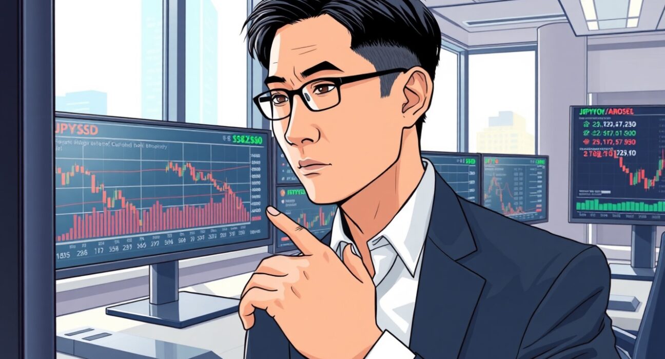 Financial analyst in Tokyo examines Japanese yen weakening on currency charts with Bank of Japan policy implications