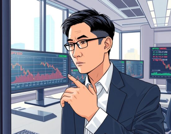 Financial analyst in Tokyo examines Japanese yen weakening on currency charts with Bank of Japan policy implications