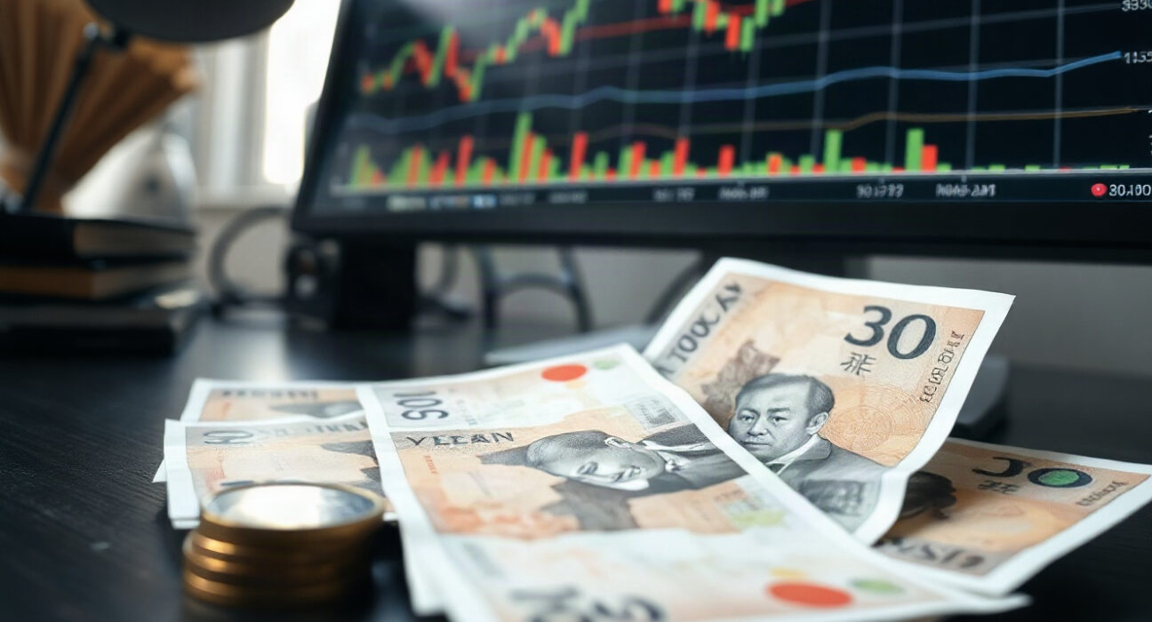 Japanese yen banknotes and coins with a forex chart in background