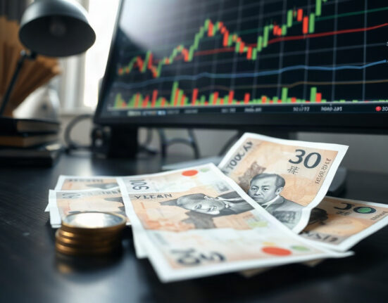 Japanese yen banknotes and coins with a forex chart in background