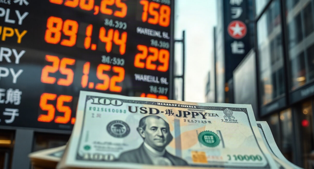 Japanese yen and US dollar banknotes with a currency exchange board in Tokyo