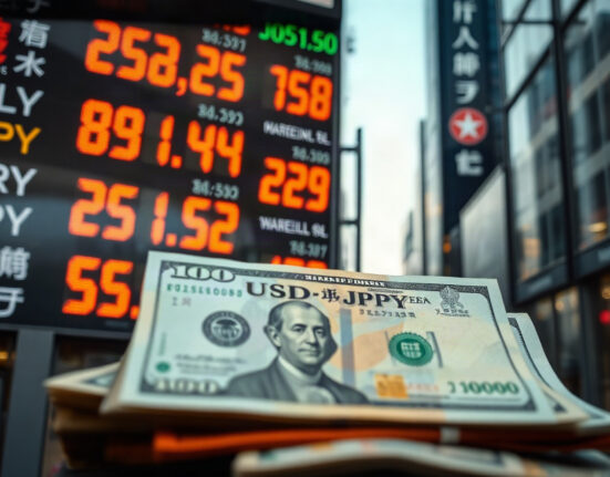 Japanese yen and US dollar banknotes with a currency exchange board in Tokyo