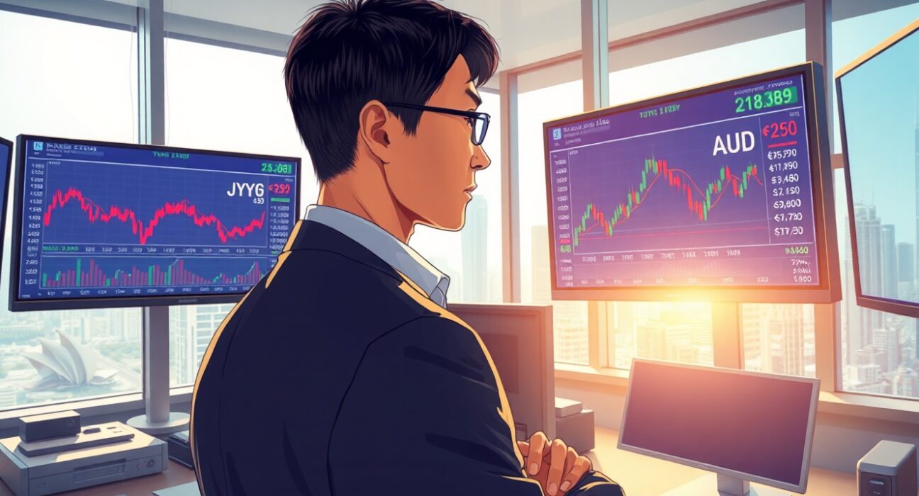 Financial analyst examines yen and Australian dollar exchange rate charts in Bank of America currency market analysis