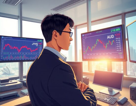 Financial analyst examines yen and Australian dollar exchange rate charts in Bank of America currency market analysis