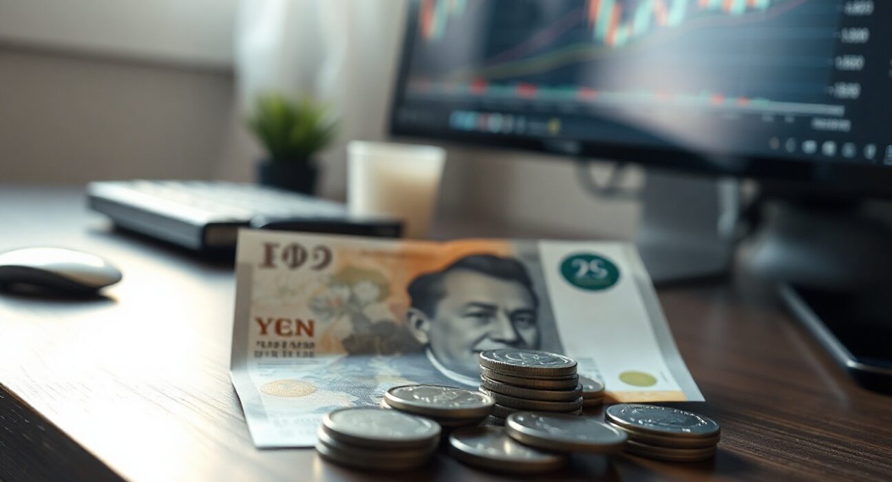 Japanese yen banknotes and coins on a desk with a USD/JPY chart in the background