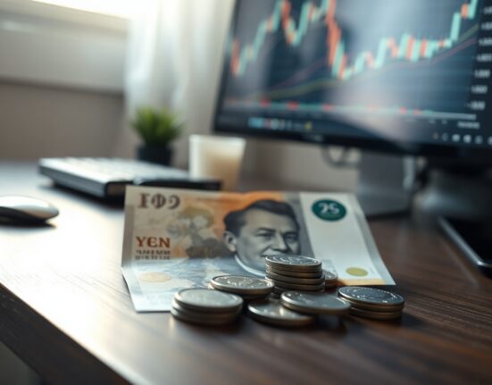 Japanese yen banknotes and coins on a desk with a USD/JPY chart in the background