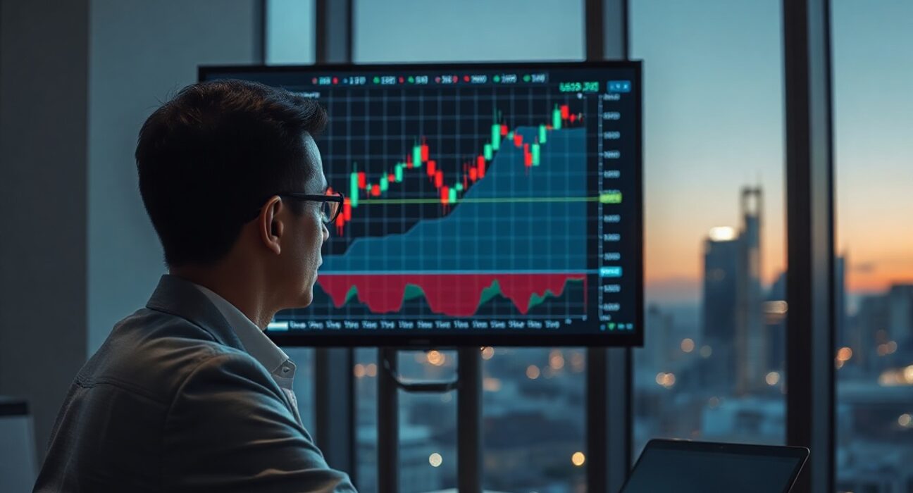 Financial analyst reviewing a USD/JPY chart on a digital screen in a modern office.