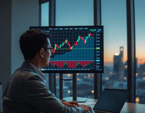 Financial analyst reviewing a USD/JPY chart on a digital screen in a modern office.