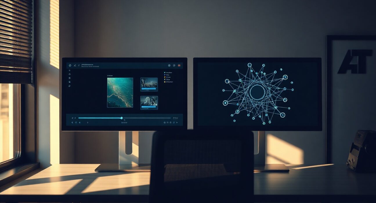 Empty office desk with monitors showing a game interface and AI neural network diagram representing YGG's pivot from gaming to AI.