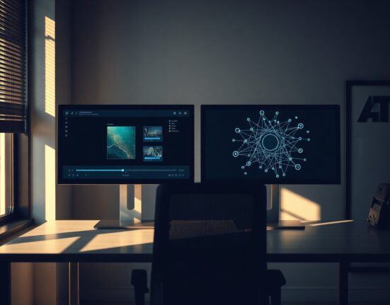Empty office desk with monitors showing a game interface and AI neural network diagram representing YGG's pivot from gaming to AI.