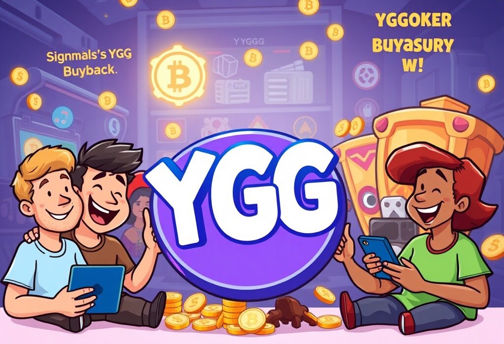 Cartoon illustration showing gamers celebrating a significant YGG token buyback, symbolizing growth and community confidence in Yield Guild Games.