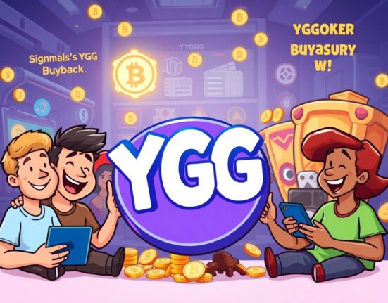 Cartoon illustration showing gamers celebrating a significant YGG token buyback, symbolizing growth and community confidence in Yield Guild Games.