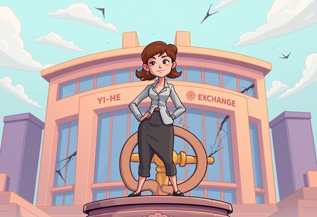 A cartoon illustration showing Yi He Binance co-founder confidently leading the crypto platform amidst legal challenges.