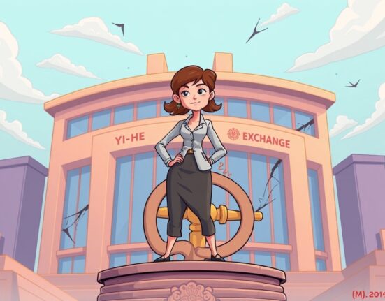 A cartoon illustration showing Yi He Binance co-founder confidently leading the crypto platform amidst legal challenges.