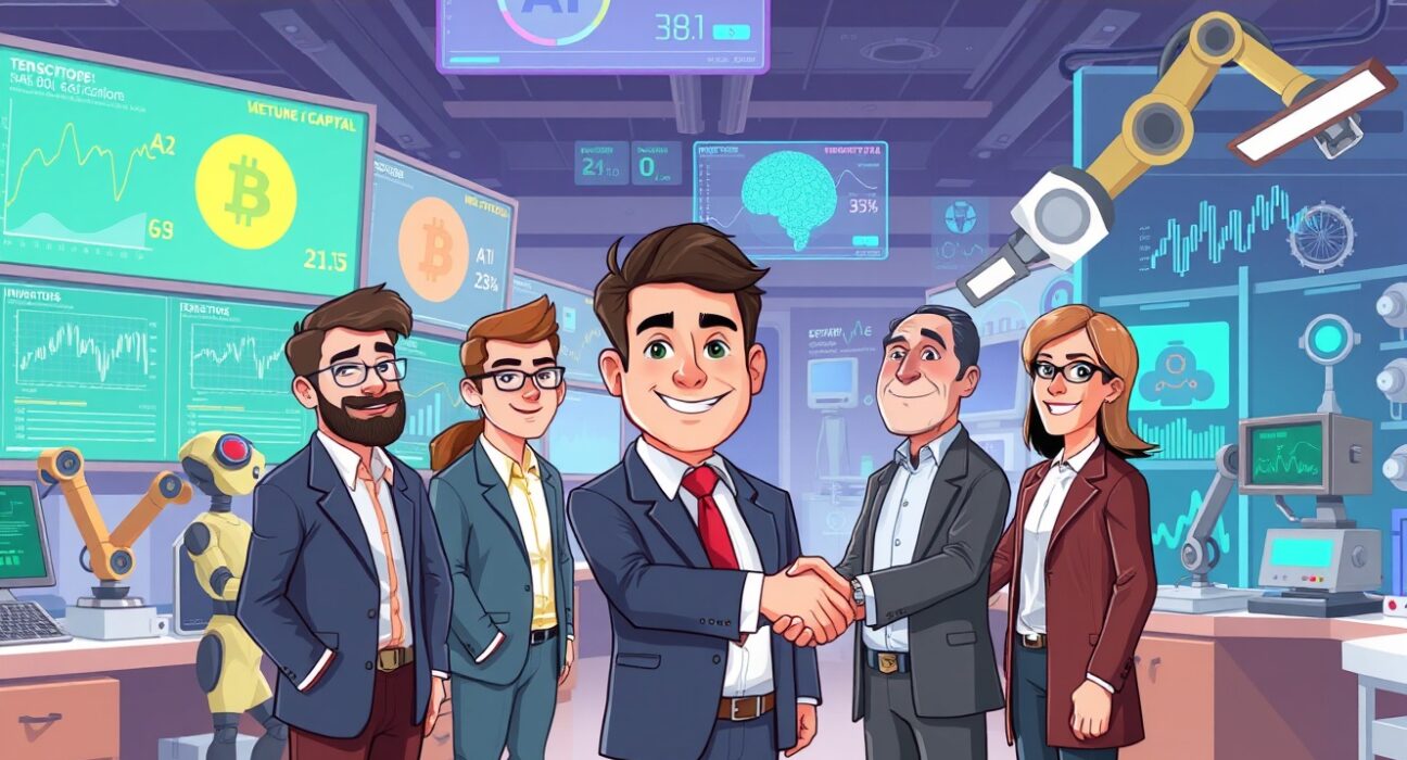 A cartoon illustration of Yi He Labs considering external capital for AI and biotech expansion, symbolizing growth and strategic investment.