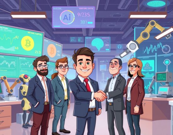 A cartoon illustration of Yi He Labs considering external capital for AI and biotech expansion, symbolizing growth and strategic investment.