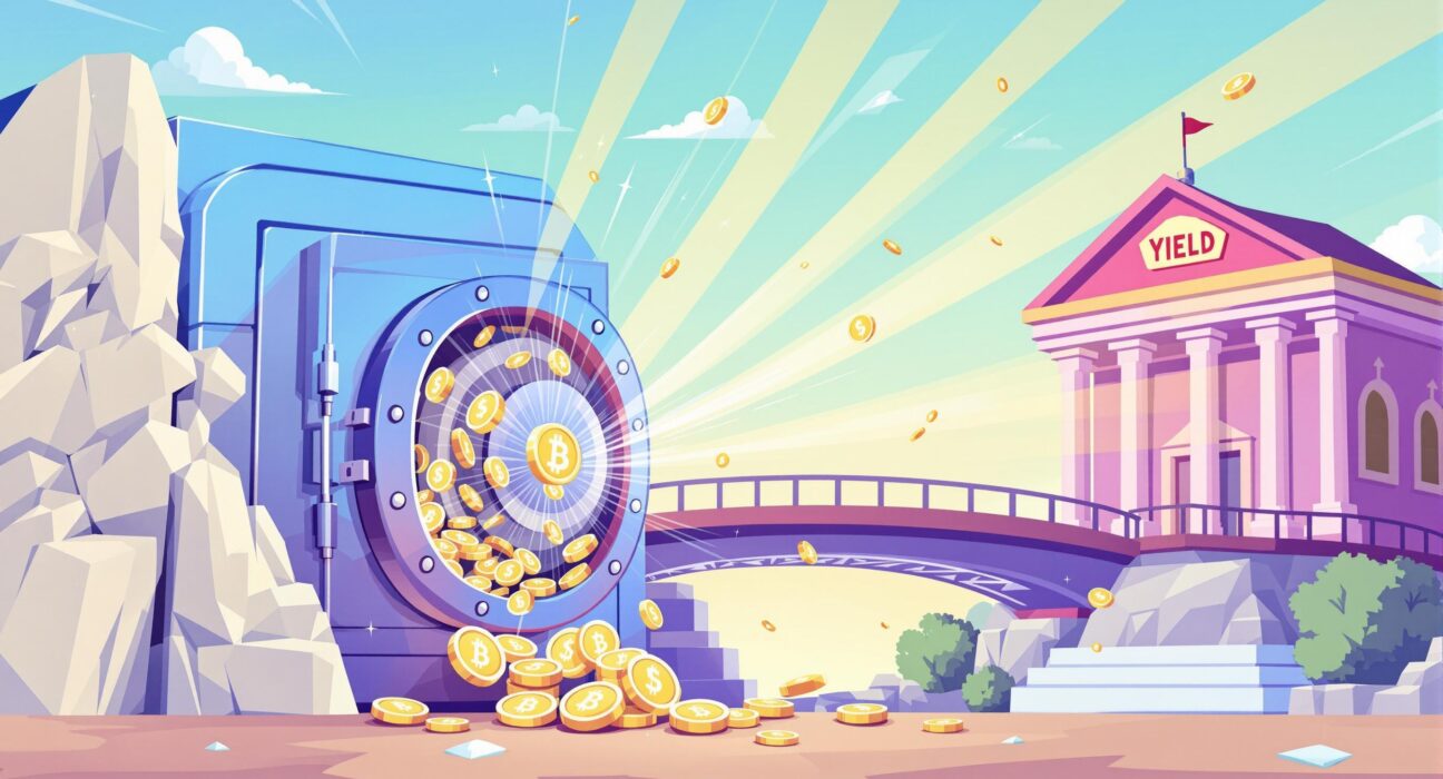 An illustration showing the integration of yield-bearing stablecoins as collateral, bridging traditional finance with the crypto world on an exchange.