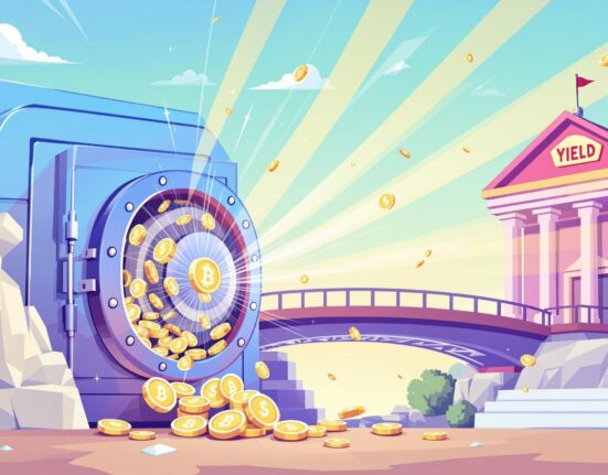 An illustration showing the integration of yield-bearing stablecoins as collateral, bridging traditional finance with the crypto world on an exchange.