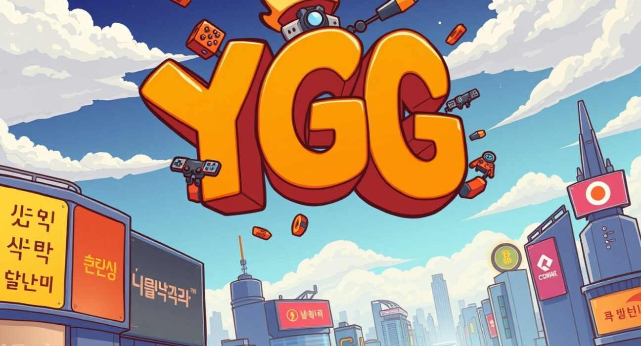 Cartoon illustration showing the Yield Guild Games (YGG) logo over a city, symbolizing new trading opportunities on Coinone.